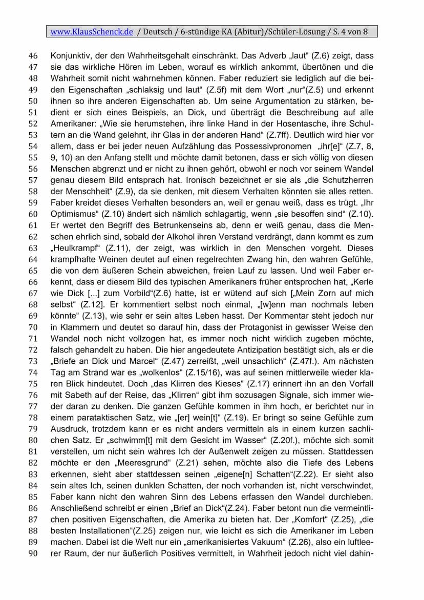 www.KlausSchenck.de / Deutsch / 6-stündige KA (Abitur)/Schüler-Lösung / S. 1 von 8
Klassenarbeitsaufbau
Einleitung
1. Zitat
2. Autor, Titel,