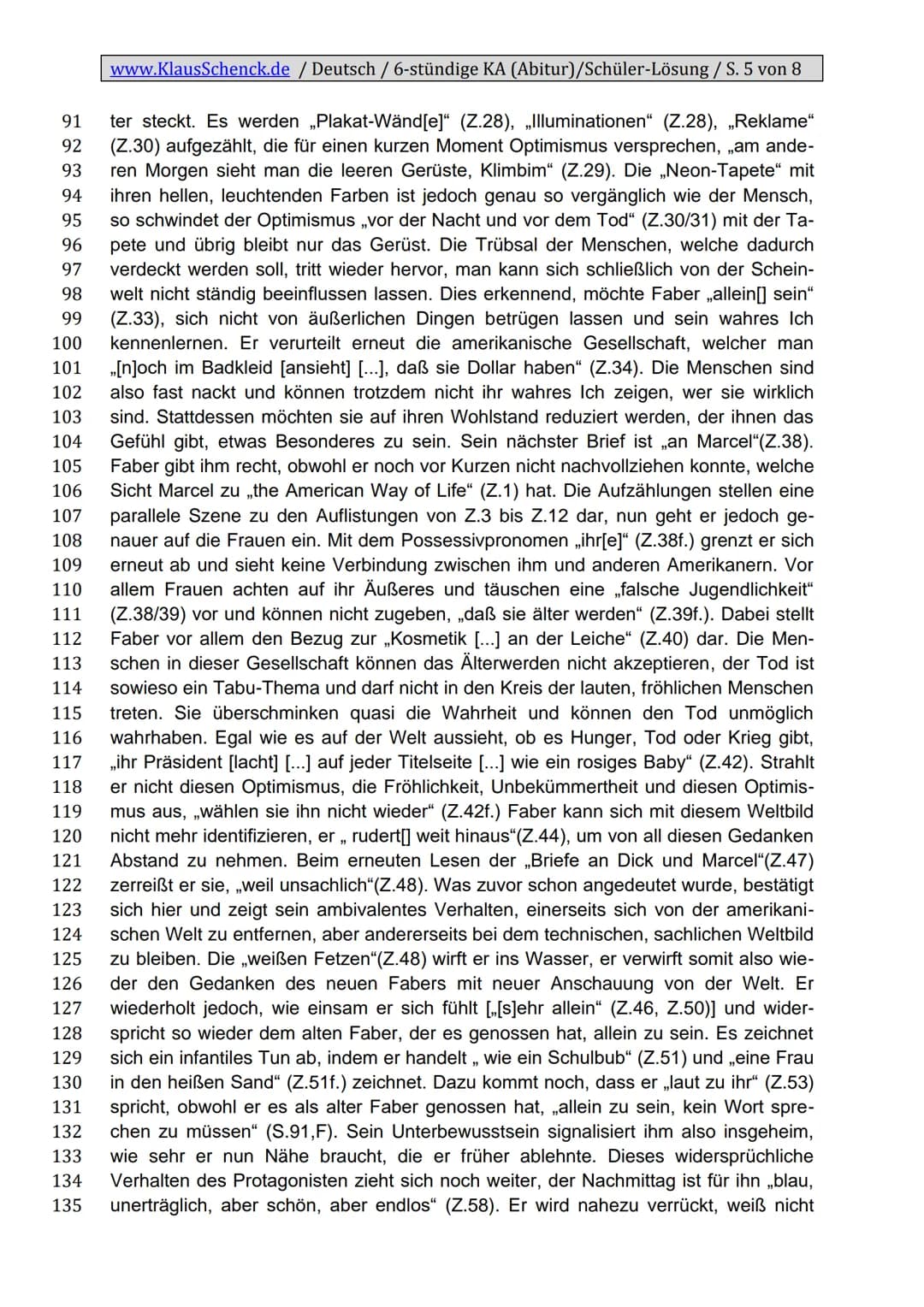 www.KlausSchenck.de / Deutsch / 6-stündige KA (Abitur)/Schüler-Lösung / S. 1 von 8
Klassenarbeitsaufbau
Einleitung
1. Zitat
2. Autor, Titel,