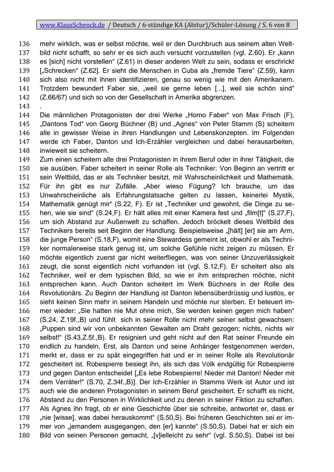 www.KlausSchenck.de / Deutsch / 6-stündige KA (Abitur)/Schüler-Lösung / S. 1 von 8
Klassenarbeitsaufbau
Einleitung
1. Zitat
2. Autor, Titel,