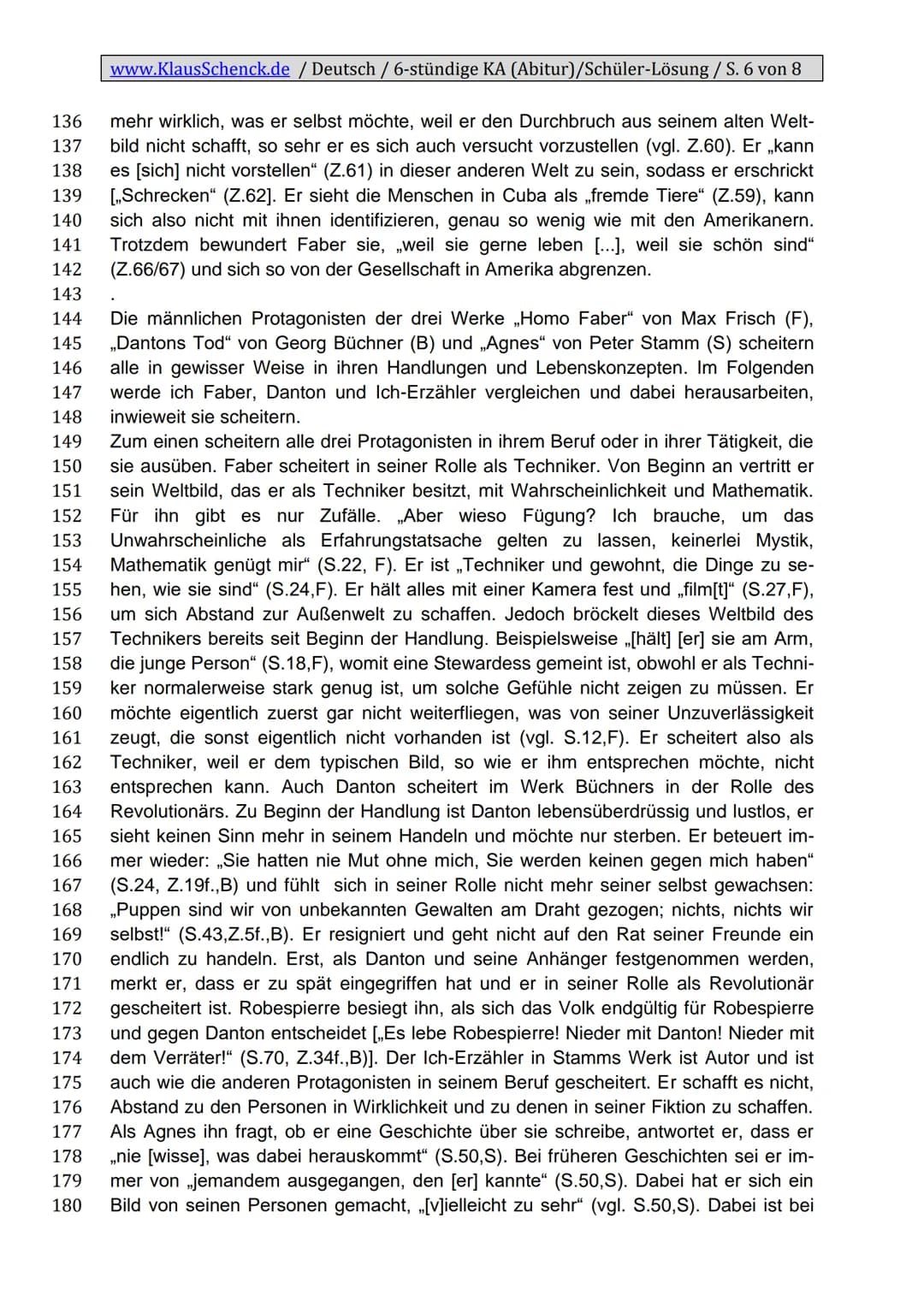 www.KlausSchenck.de / Deutsch / 6-stündige KA (Abitur)/Schüler-Lösung / S. 1 von 8
Klassenarbeitsaufbau
Einleitung
1. Zitat
2. Autor, Titel,