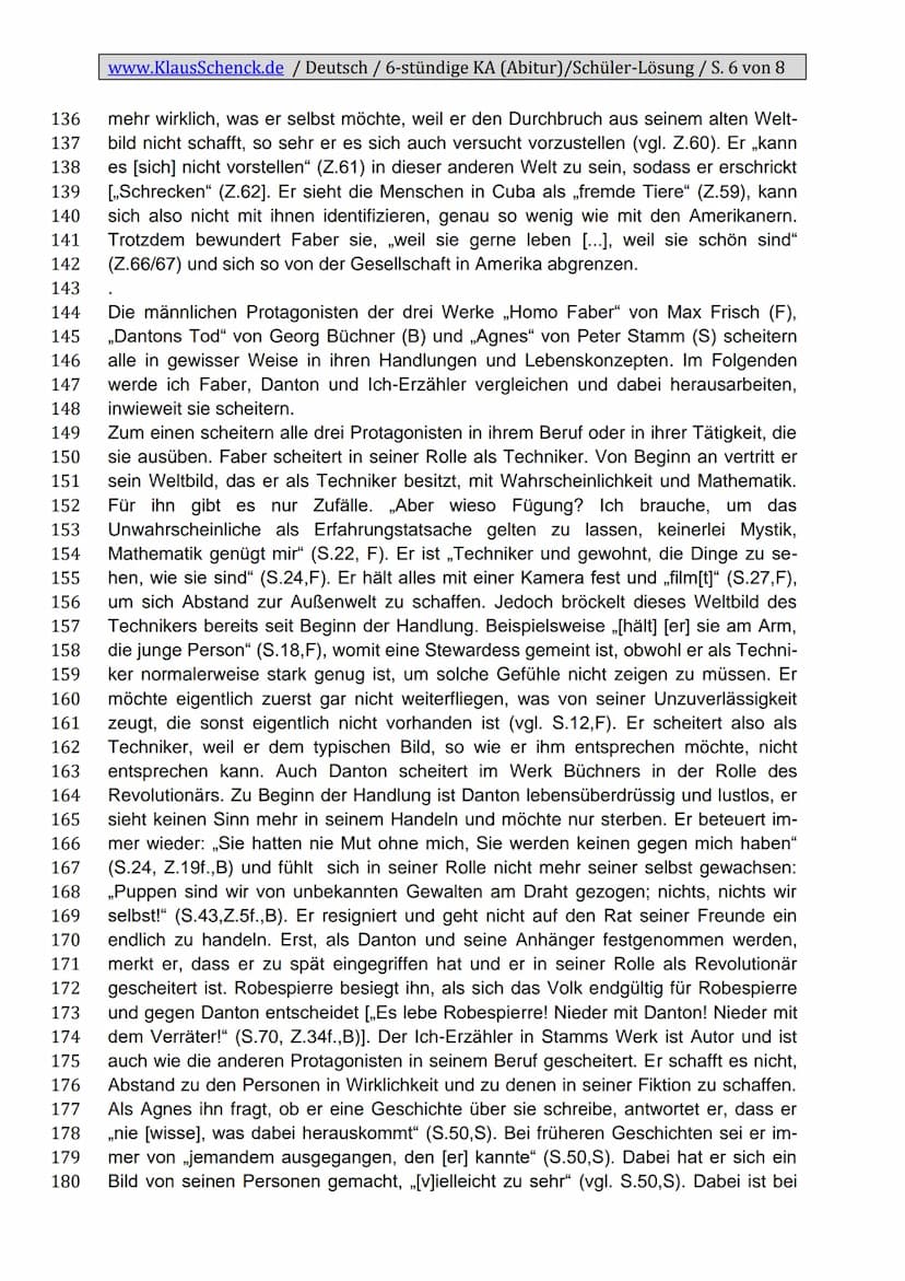 www.KlausSchenck.de / Deutsch / 6-stündige KA (Abitur)/Schüler-Lösung / S. 1 von 8
Klassenarbeitsaufbau
Einleitung
1. Zitat
2. Autor, Titel,