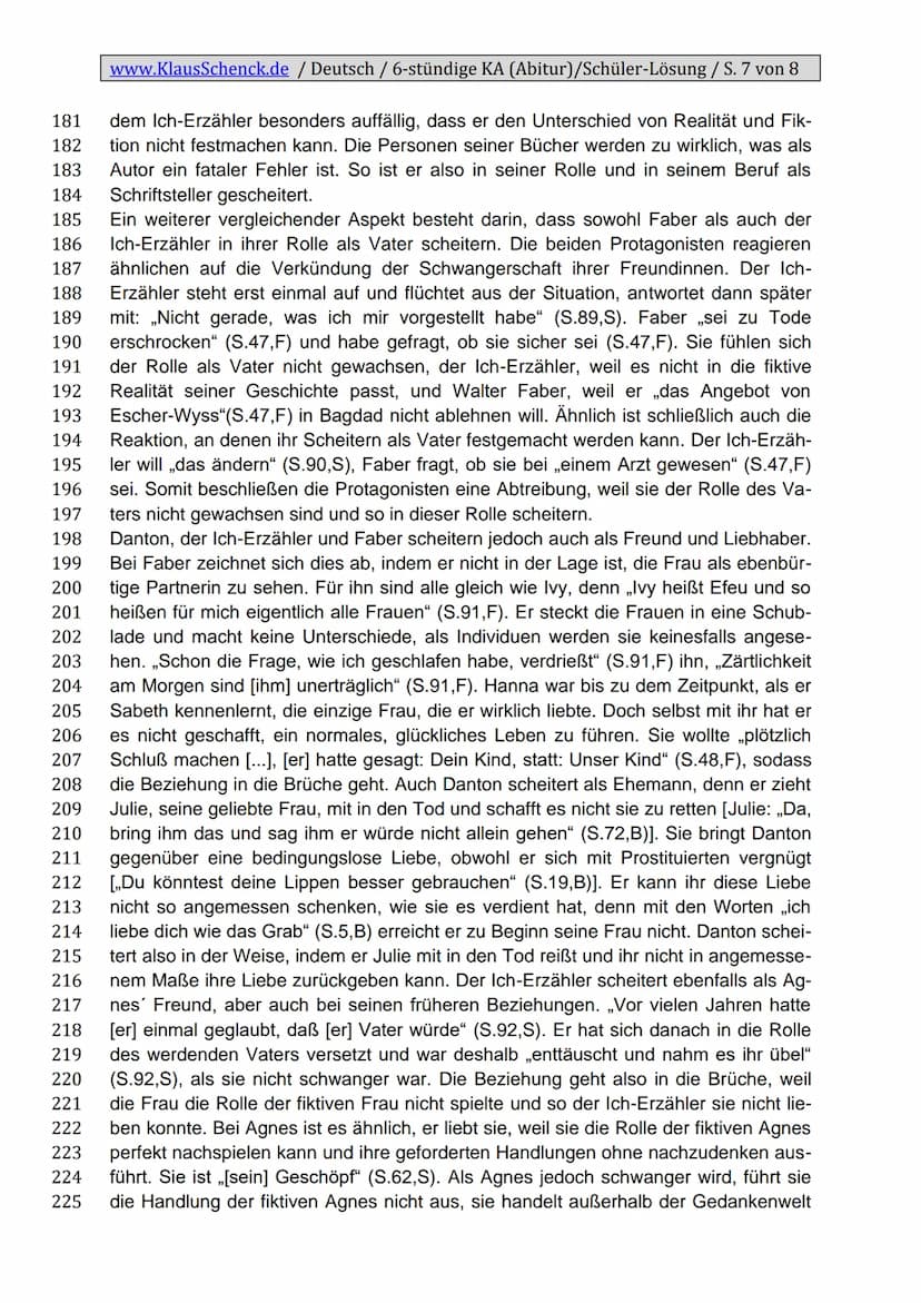 www.KlausSchenck.de / Deutsch / 6-stündige KA (Abitur)/Schüler-Lösung / S. 1 von 8
Klassenarbeitsaufbau
Einleitung
1. Zitat
2. Autor, Titel,
