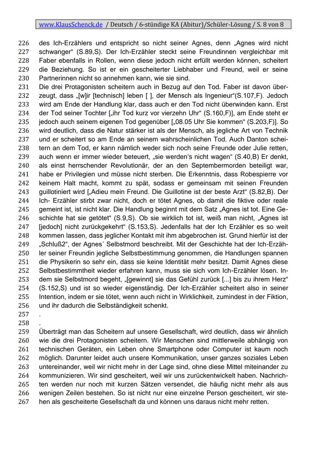 www.KlausSchenck.de / Deutsch / 6-stündige KA (Abitur)/Schüler-Lösung / S. 1 von 8
Klassenarbeitsaufbau
Einleitung
1. Zitat
2. Autor, Titel,