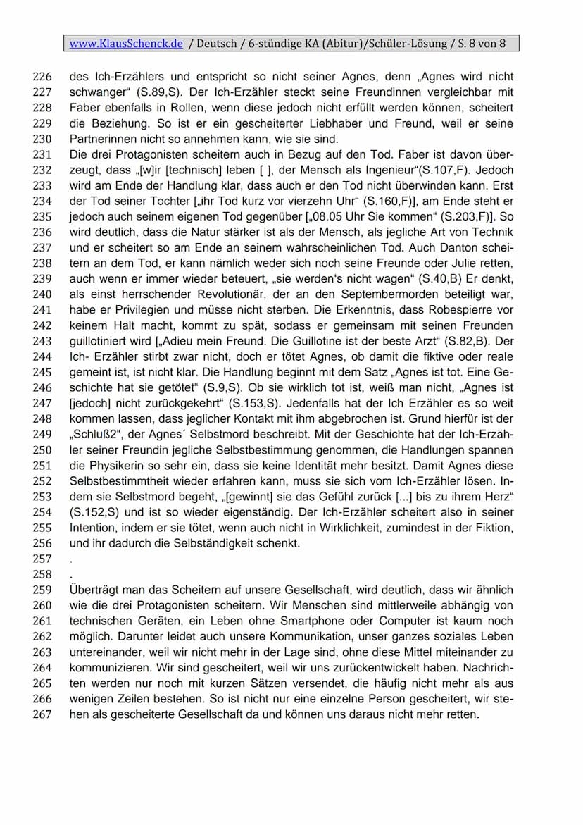 www.KlausSchenck.de / Deutsch / 6-stündige KA (Abitur)/Schüler-Lösung / S. 1 von 8
Klassenarbeitsaufbau
Einleitung
1. Zitat
2. Autor, Titel,