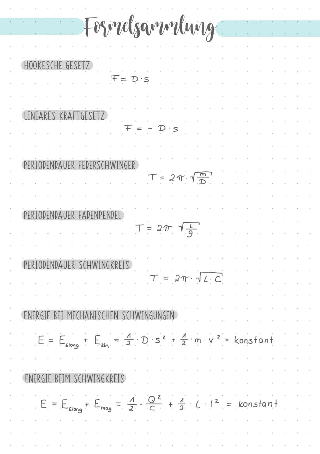 Formelsammlung
HOOKESCHE GESETZ
LINEARES KRAFTGESETZ
F=
PERIODENDAUER FEDERSCHWINGER
PERIODENDAUER FADENPENDEL
Elong
PERIODENDAUER SCHWINGKR