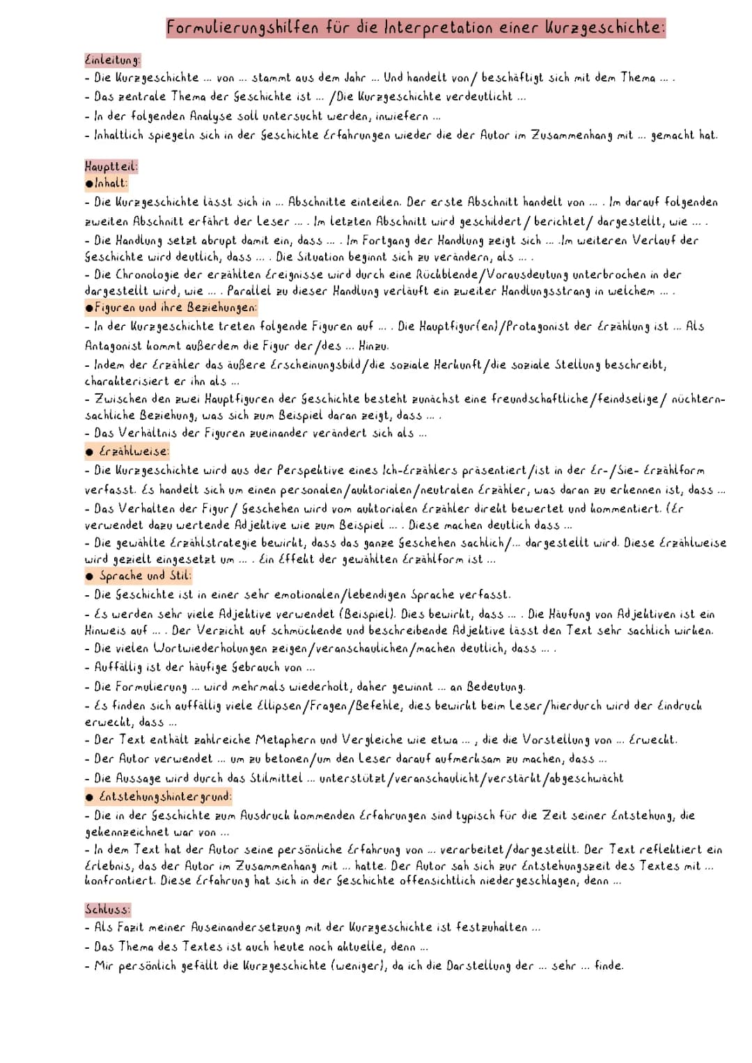 Formulierungshilfen für die Interpretation einer Kurzgeschichte