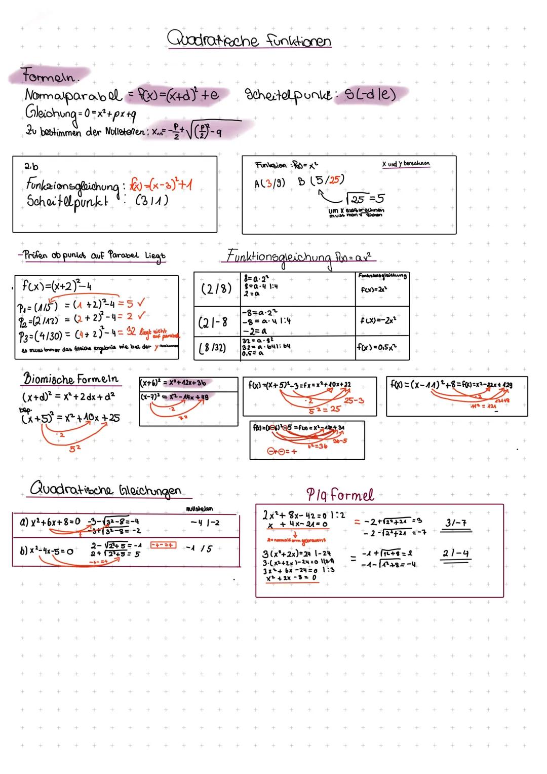 Formeln.
Normalparabel = f(x) = (x+d)² +e Scheitelpunkt: SL-dle)
Gleichung=0=x²+px+q
Zu bestimmen der Nullstellen: X₁² - 1+₁ -9
2.b
-Prüfen 