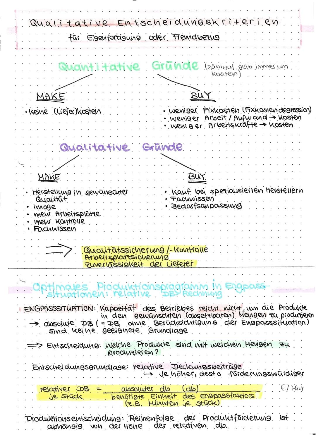 # Qualitative Entscheidungskriterien

für Eigenfertigung oder Fremdbezug

Quantitative Gründe (zanibas, geht immer um

MAKE

keine (Lieferko