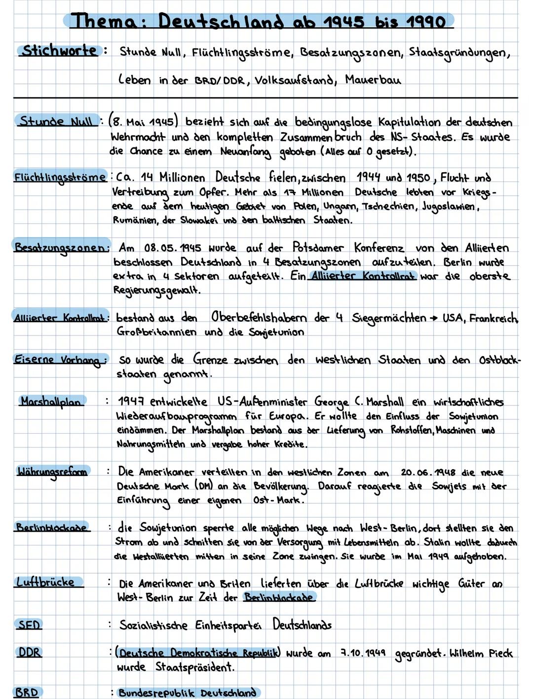 # Thema: Deutschland ab 1945 bis 1990

Stichworte: Stunde Null, Flüchtlingsströme, Besatzungszonen, Staatsgründungen,
Leben in der BRD/DDR, 