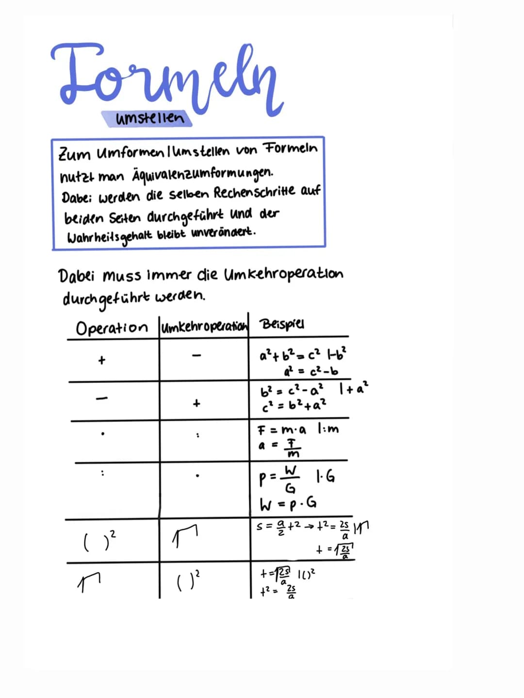 Formeln
umstellen
Zum Umformen lumstellen von Formeln
nutzt man Äquivalenzumformungen.
Dabei werden die selben Rechenschritte auf
beiden Sei