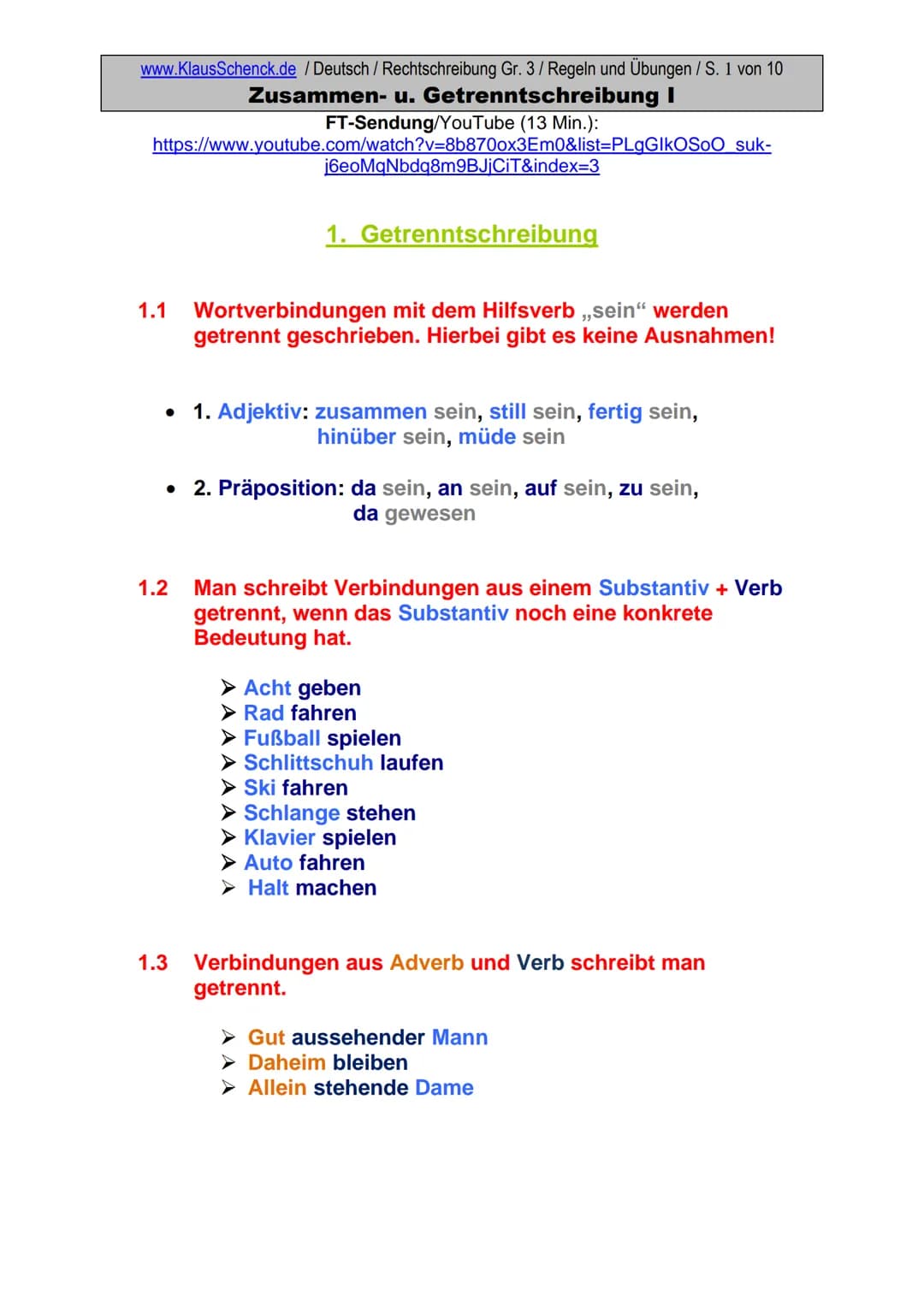 www.KlausSchenck.de / Deutsch (2008/09) / Rechtschreibung Gr. 1 / Regeln und Übungen / S. 1 von 11
s-Laute / Doppelungen / dass/das
FT-Sendu