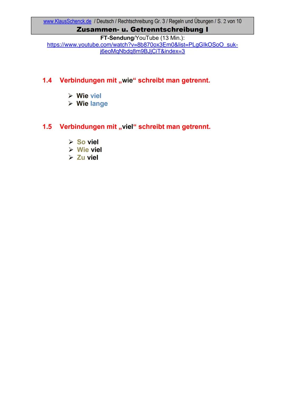 www.KlausSchenck.de / Deutsch (2008/09) / Rechtschreibung Gr. 1 / Regeln und Übungen / S. 1 von 11
s-Laute / Doppelungen / dass/das
FT-Sendu