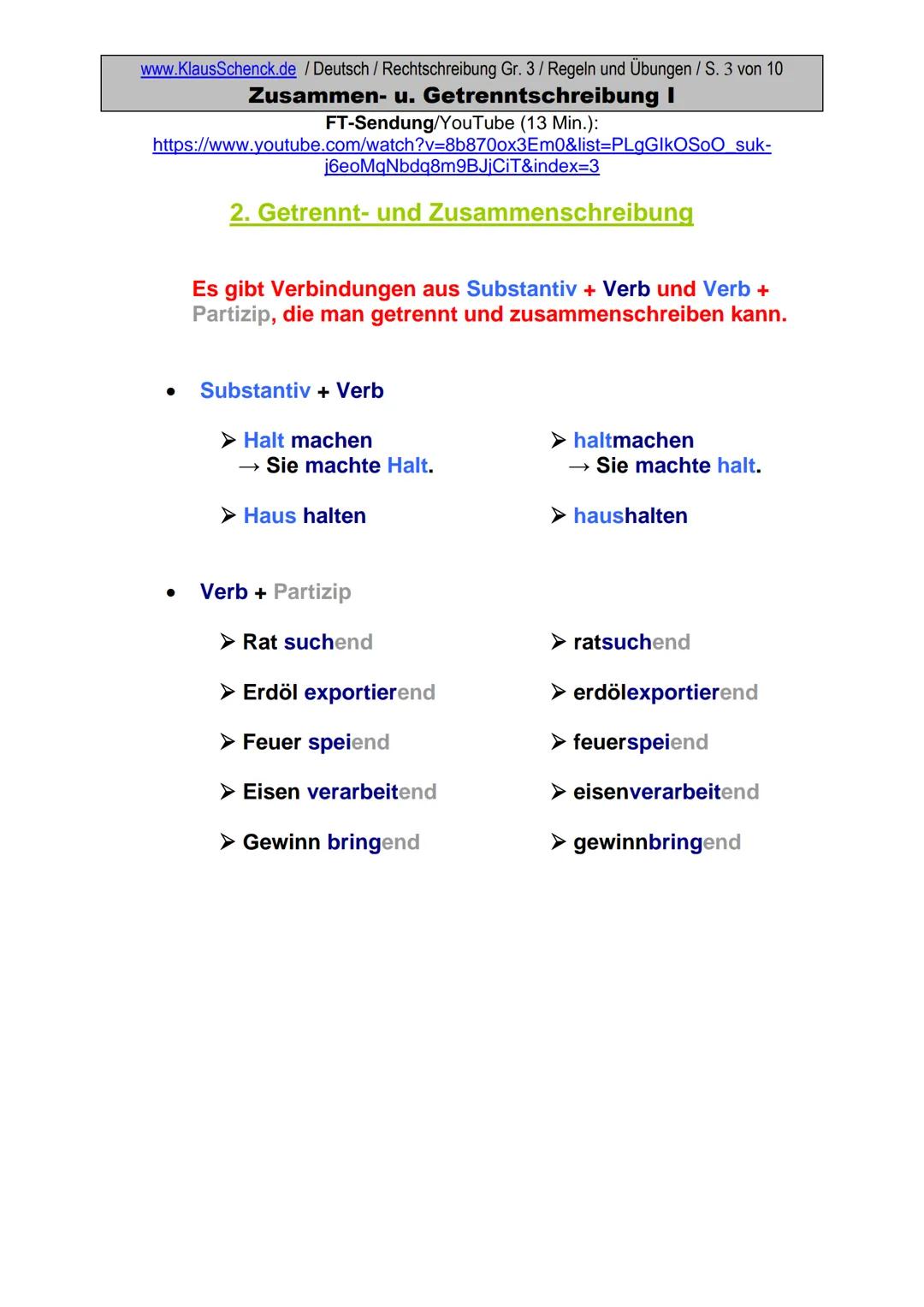 www.KlausSchenck.de / Deutsch (2008/09) / Rechtschreibung Gr. 1 / Regeln und Übungen / S. 1 von 11
s-Laute / Doppelungen / dass/das
FT-Sendu