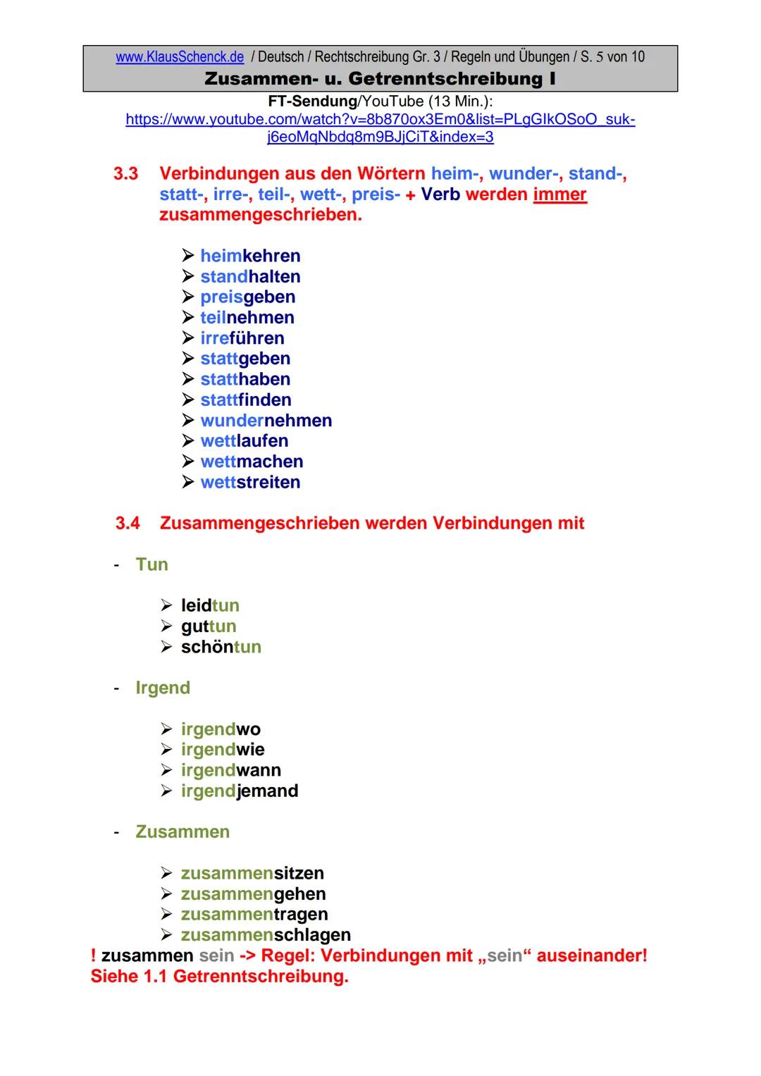 www.KlausSchenck.de / Deutsch (2008/09) / Rechtschreibung Gr. 1 / Regeln und Übungen / S. 1 von 11
s-Laute / Doppelungen / dass/das
FT-Sendu