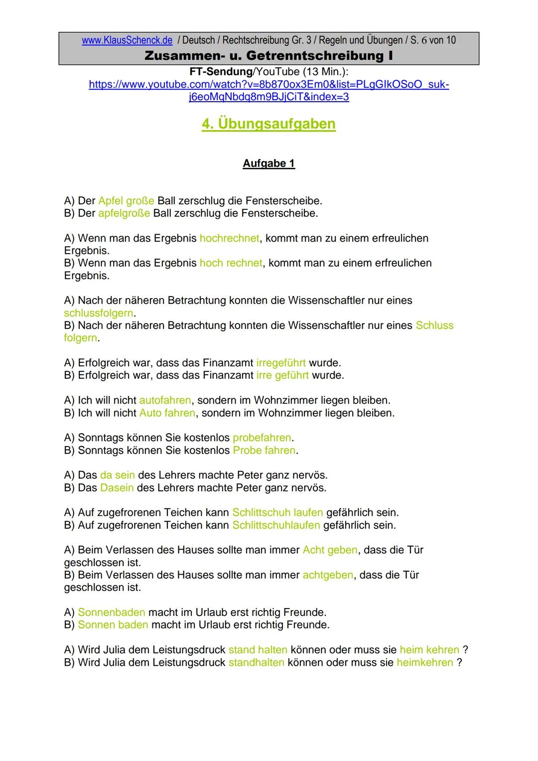 www.KlausSchenck.de / Deutsch (2008/09) / Rechtschreibung Gr. 1 / Regeln und Übungen / S. 1 von 11
s-Laute / Doppelungen / dass/das
FT-Sendu