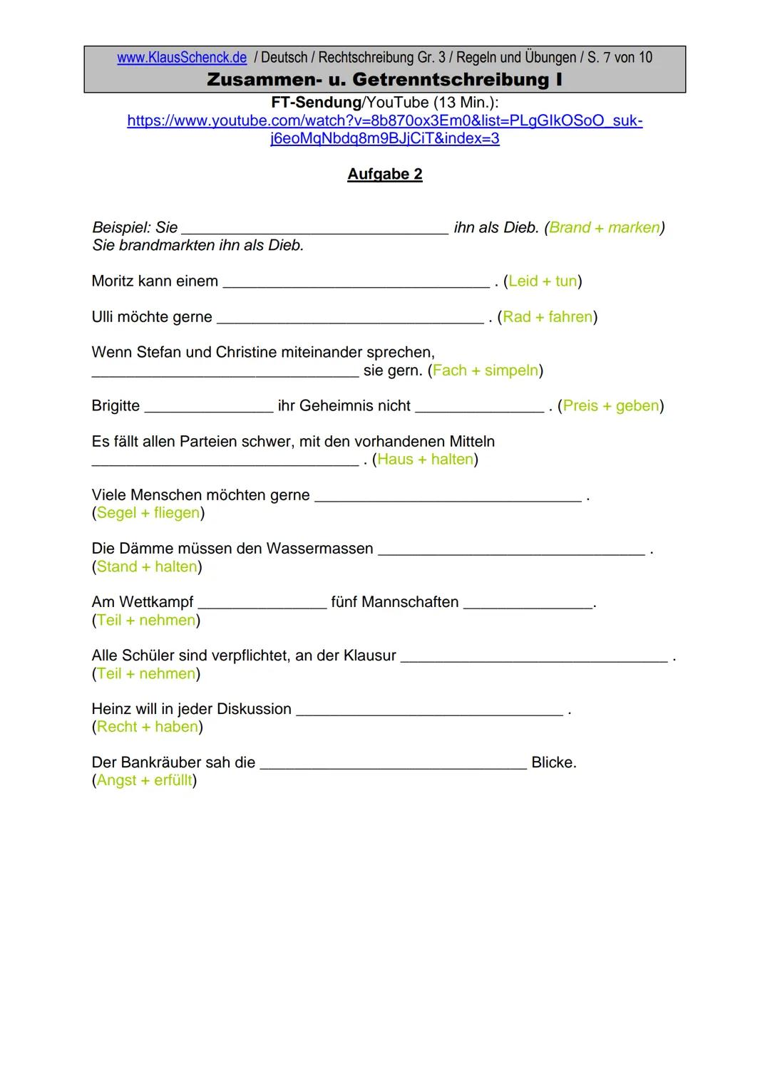 www.KlausSchenck.de / Deutsch (2008/09) / Rechtschreibung Gr. 1 / Regeln und Übungen / S. 1 von 11
s-Laute / Doppelungen / dass/das
FT-Sendu