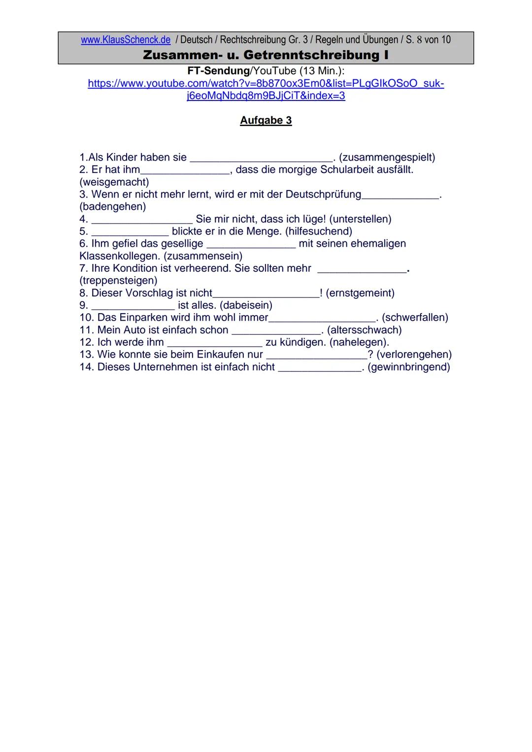 www.KlausSchenck.de / Deutsch (2008/09) / Rechtschreibung Gr. 1 / Regeln und Übungen / S. 1 von 11
s-Laute / Doppelungen / dass/das
FT-Sendu