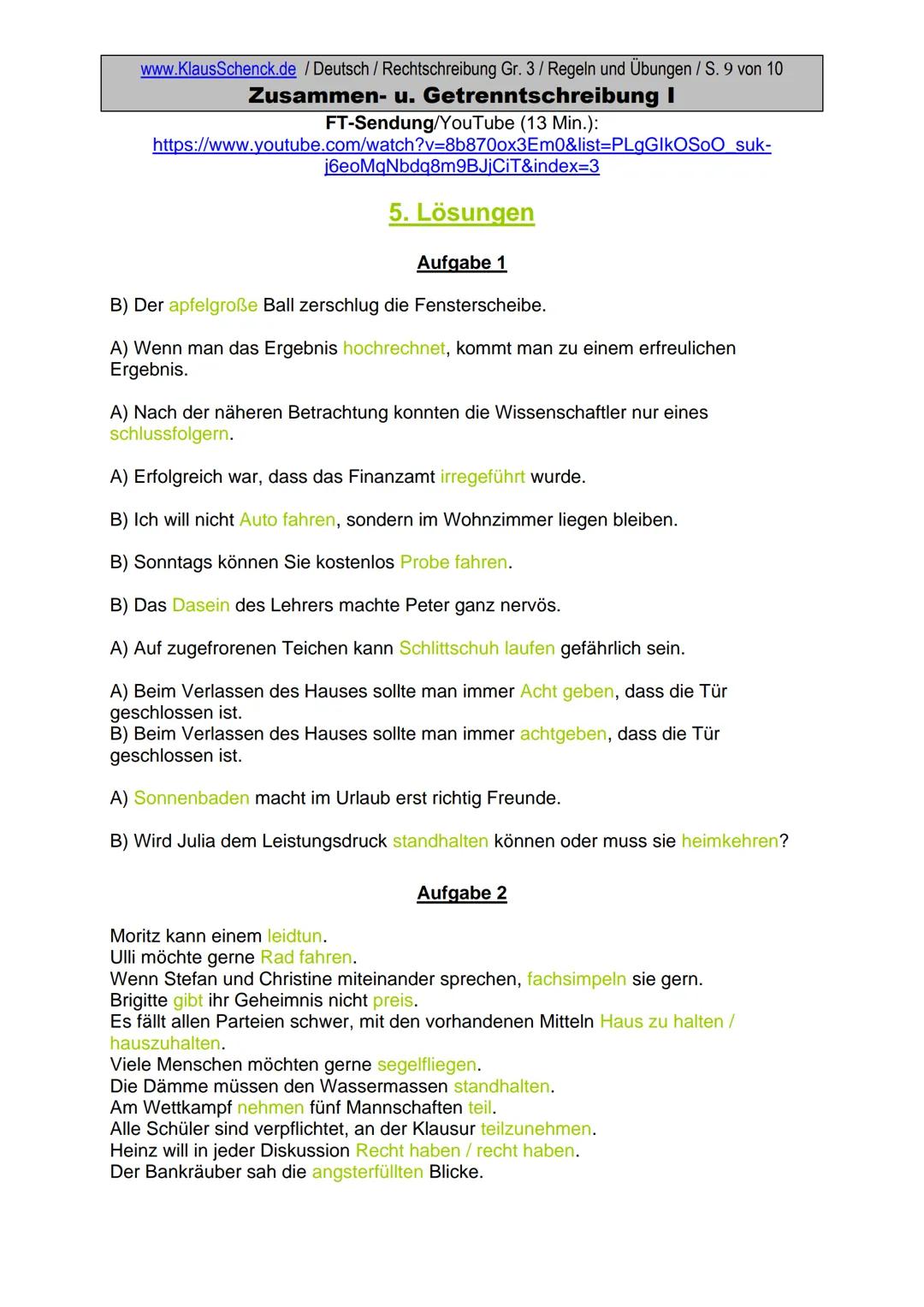 www.KlausSchenck.de / Deutsch (2008/09) / Rechtschreibung Gr. 1 / Regeln und Übungen / S. 1 von 11
s-Laute / Doppelungen / dass/das
FT-Sendu