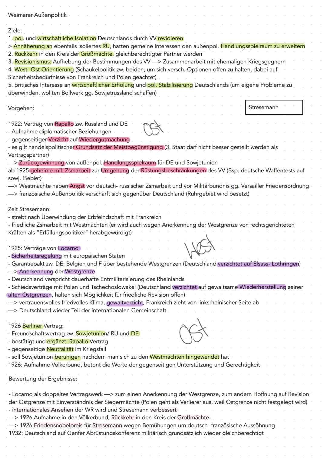Weimarer Außenpolitik
Ziele:
1. pol. und wirtschaftliche Isolation Deutschlands durch VV revidieren
> Annäherung an ebenfalls isoliertes RU,