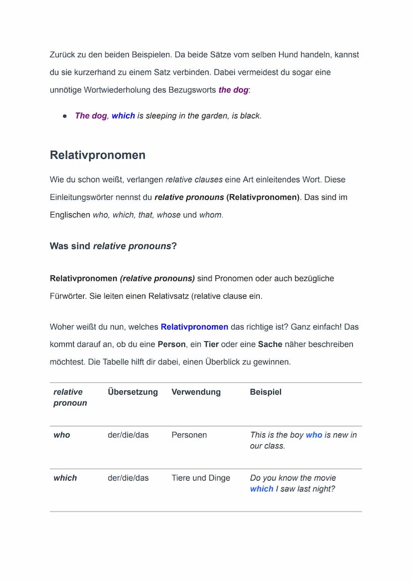 Relative clauses (Relativsätze Englisch)
Ein relative clause (Relativsatz) in Englisch ist ein Nebensatz, mit dem du eine
Person, ein Tier o