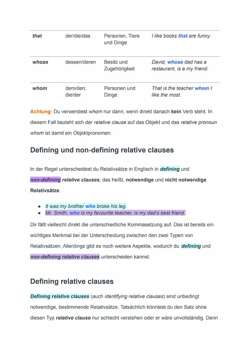 Relative clauses (Relativsätze Englisch)
Ein relative clause (Relativsatz) in Englisch ist ein Nebensatz, mit dem du eine
Person, ein Tier o