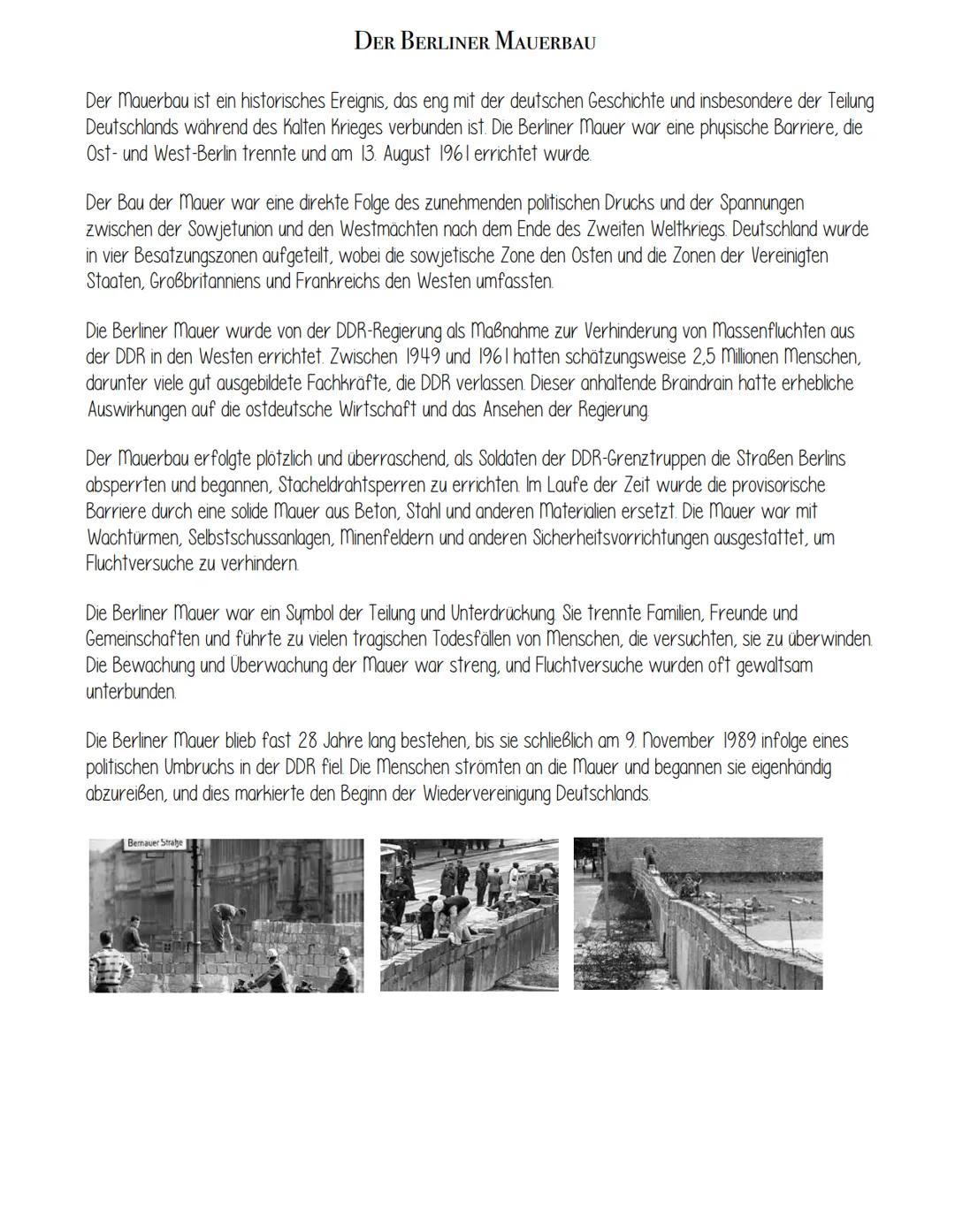 # DER BERLINER MAUERBAU

Der Mauerbau ist ein historisches Ereignis, das eng mit der deutschen Geschichte und insbesondere der Teilung
Deuts