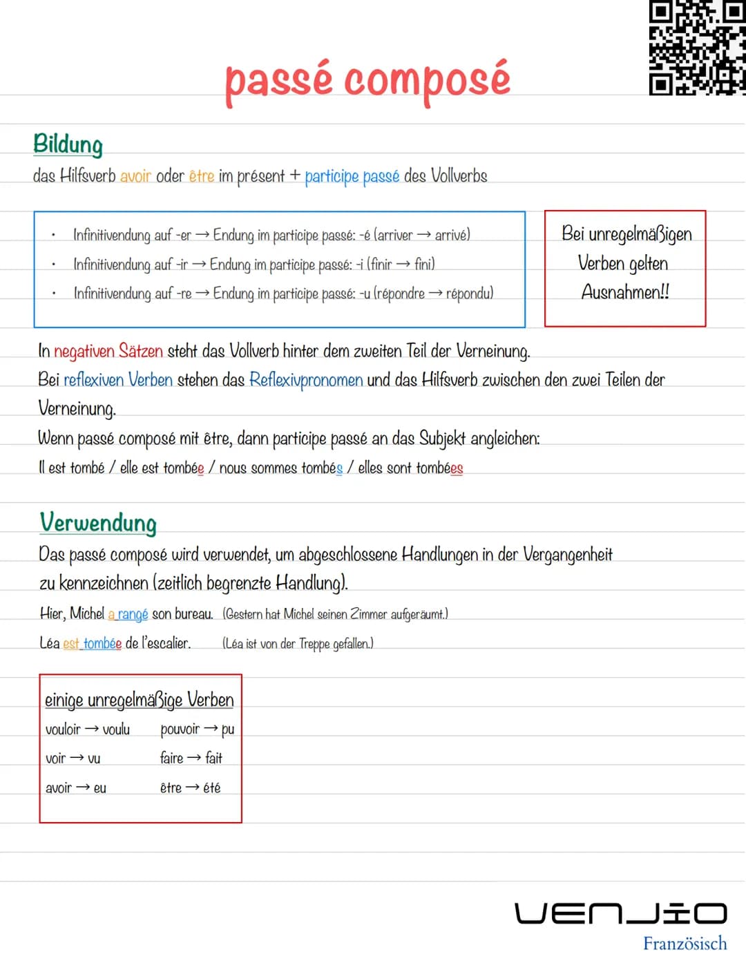 passé composé
Bildung
das Hilfsverb avoir oder être im présent + participe passé des Vollverbs
Infinitivendung auf -er → Endung im participe