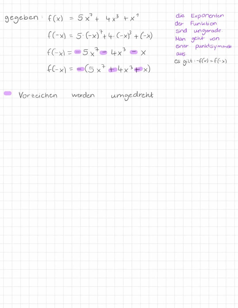 0
B
achsensymmetrisch
es gilt: f(x) = f(-x)
Beispiele -
gegeben: f(x) =
f(-x) =
Symmetrien
4. x
6
für jedes "X"
in der Funktion setzen
wir (