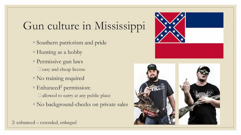 GUN CULTURE IN MISSISSIPPI
AND
GUNS IN CROOKED LETTER
XCOX
g
30%
XC₂X Gun culture in the US
O
O
History
→Civil war
"rugged¹ individualism"
→