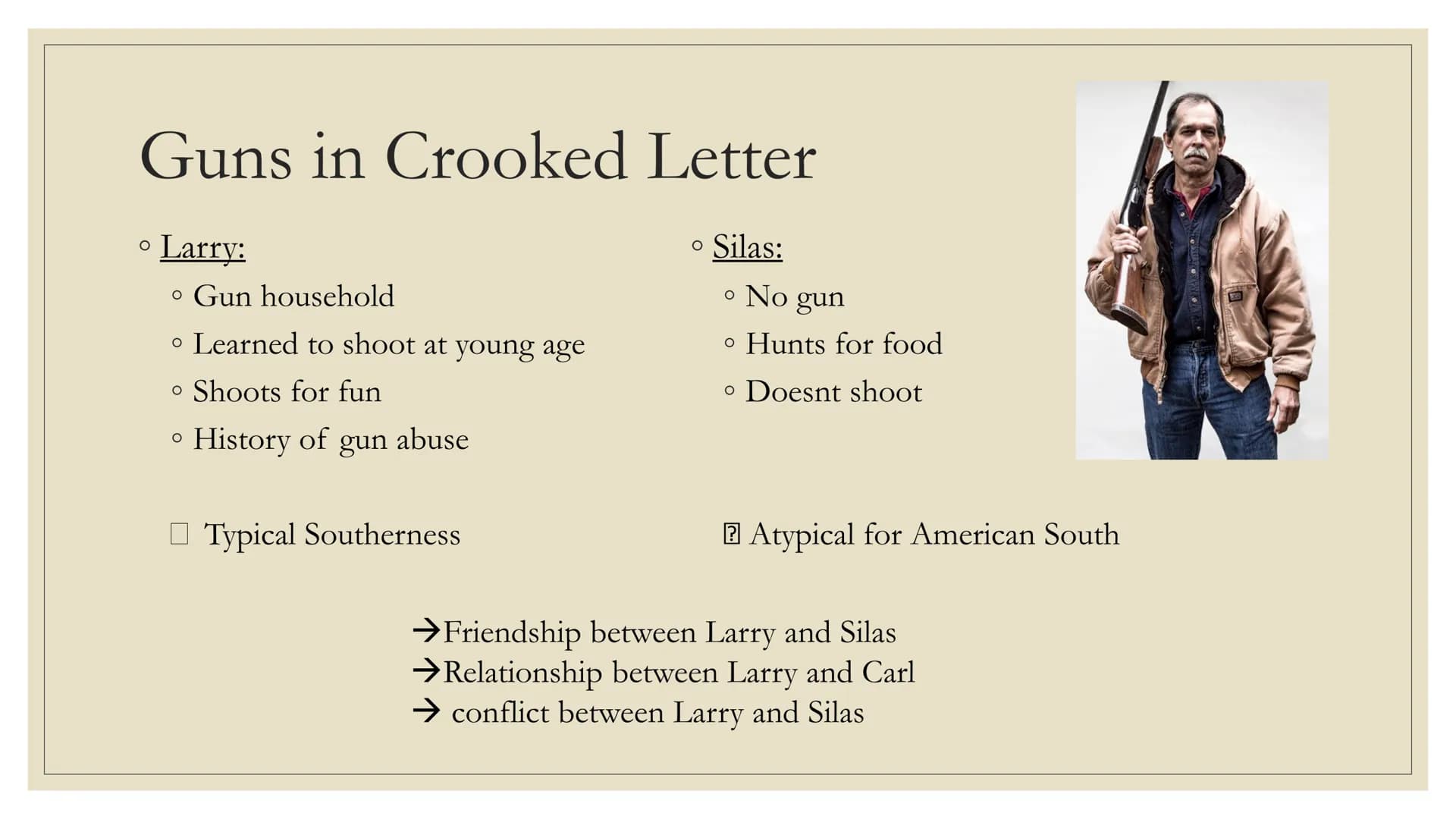 GUN CULTURE IN MISSISSIPPI
AND
GUNS IN CROOKED LETTER
XCOX
g
30%
XC₂X Gun culture in the US
O
O
History
→Civil war
"rugged¹ individualism"
→