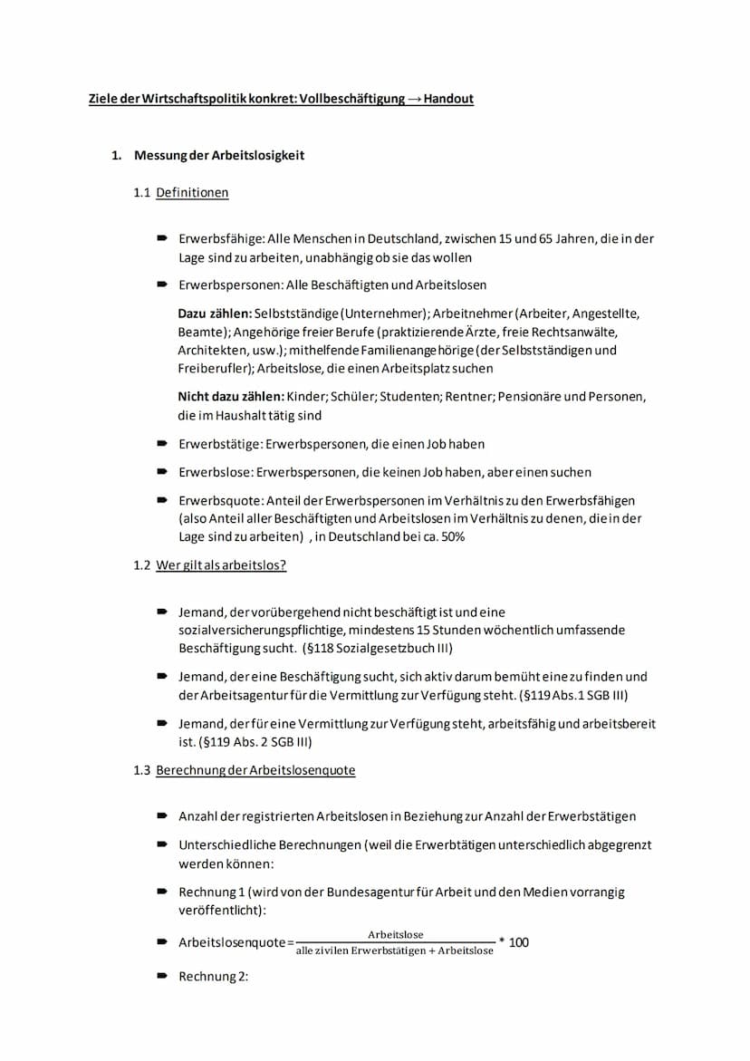 Ziele der Wirtschaftspolitik konkret: Vollbeschäftigung → Handout
1. Messung der Arbeitslosigkeit
1.1 Definitionen
Erwerbsfähige: Alle Mensc