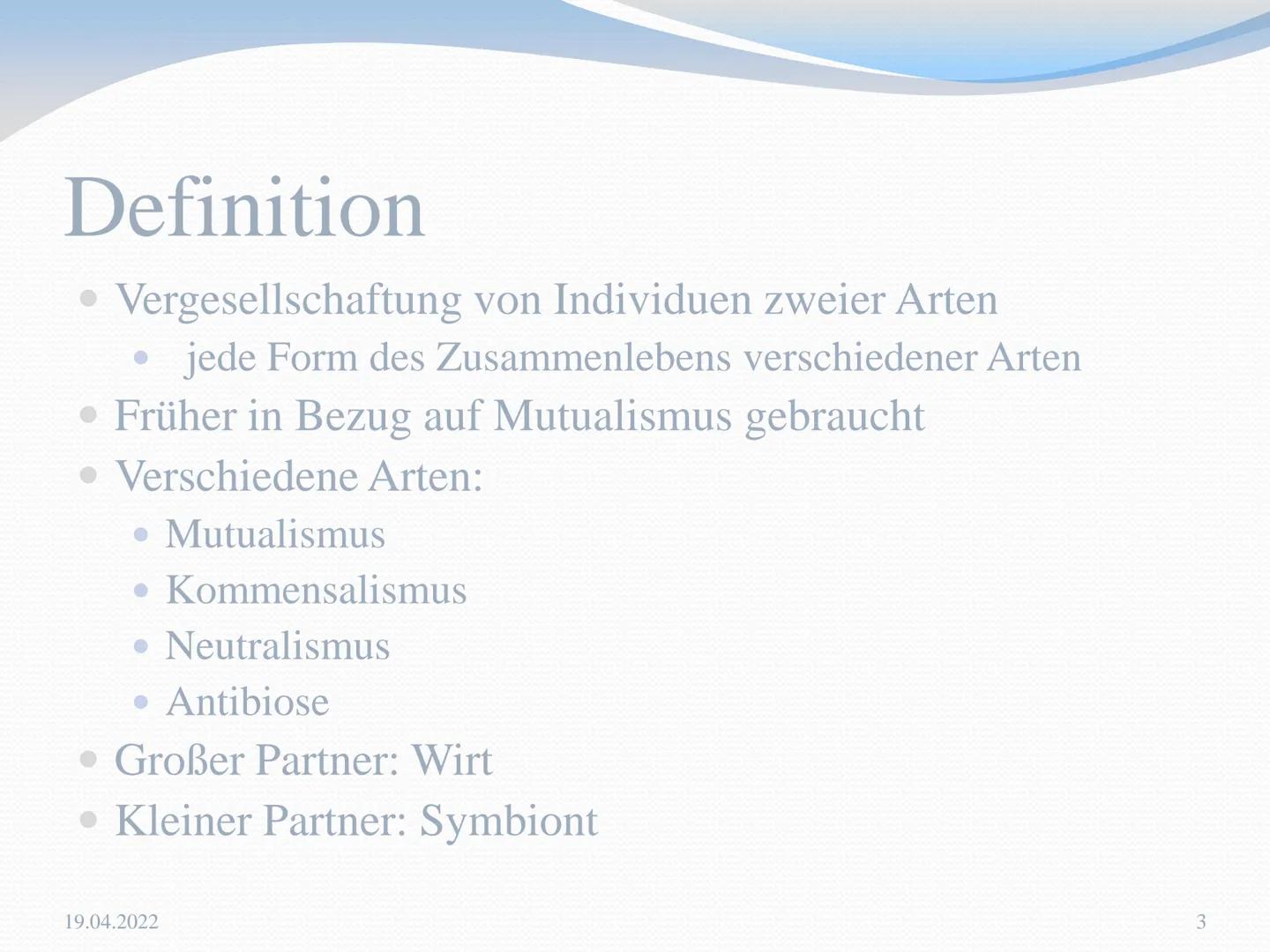 # Symbiose

Sina Schumacher, Q1, GK Frau Seul

19.04.2022

1 Inhaltsverzeichnis

• Definition
• Überblick:
  • Mutualismus
  • Kommensalismu