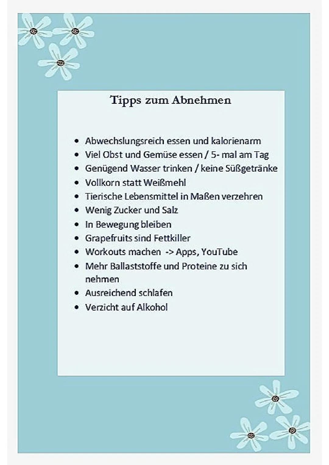 NA
TIPPS ZUM
ABNEHMEN
SURORUBE Tipps zum Abnehmen
• Abwechslungsreich essen und kalorienarm
• Viel Obst und Gemüse essen/ 5- mal am Tag
• Ge
