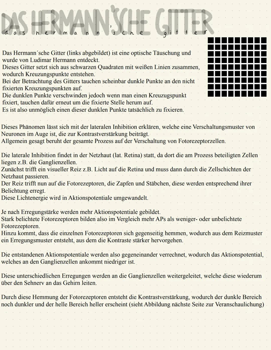 DAS HERMANN SCHE GITTER
Das Hermann´sche Gitter (links abgebildet) ist eine optische Täuschung und
wurde von Ludimar Hermann entdeckt.
Diese