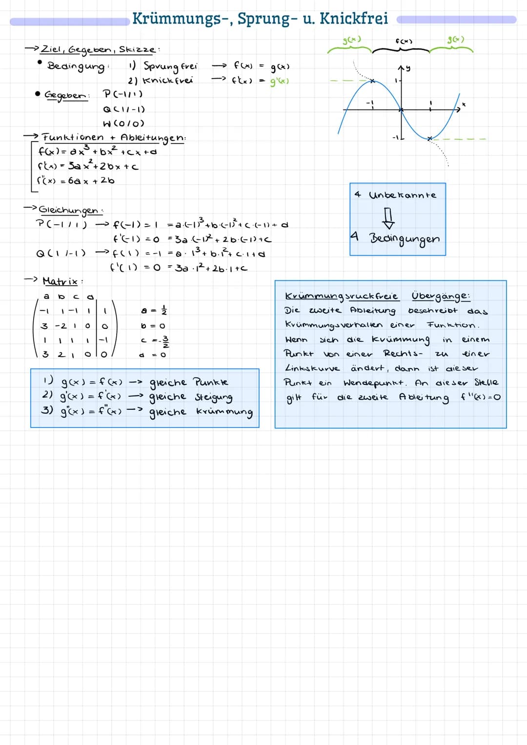 →Ziel, Gegeben, Skizze:
Bedingung:
●
Gegeben: P(-1/1)
Q(11-1)
W (0/0)
→Funktionen + Ableitungen:
f(x)= dx³²³ + bx² +cx+d
f(x) = 3ax² +2bx+c
