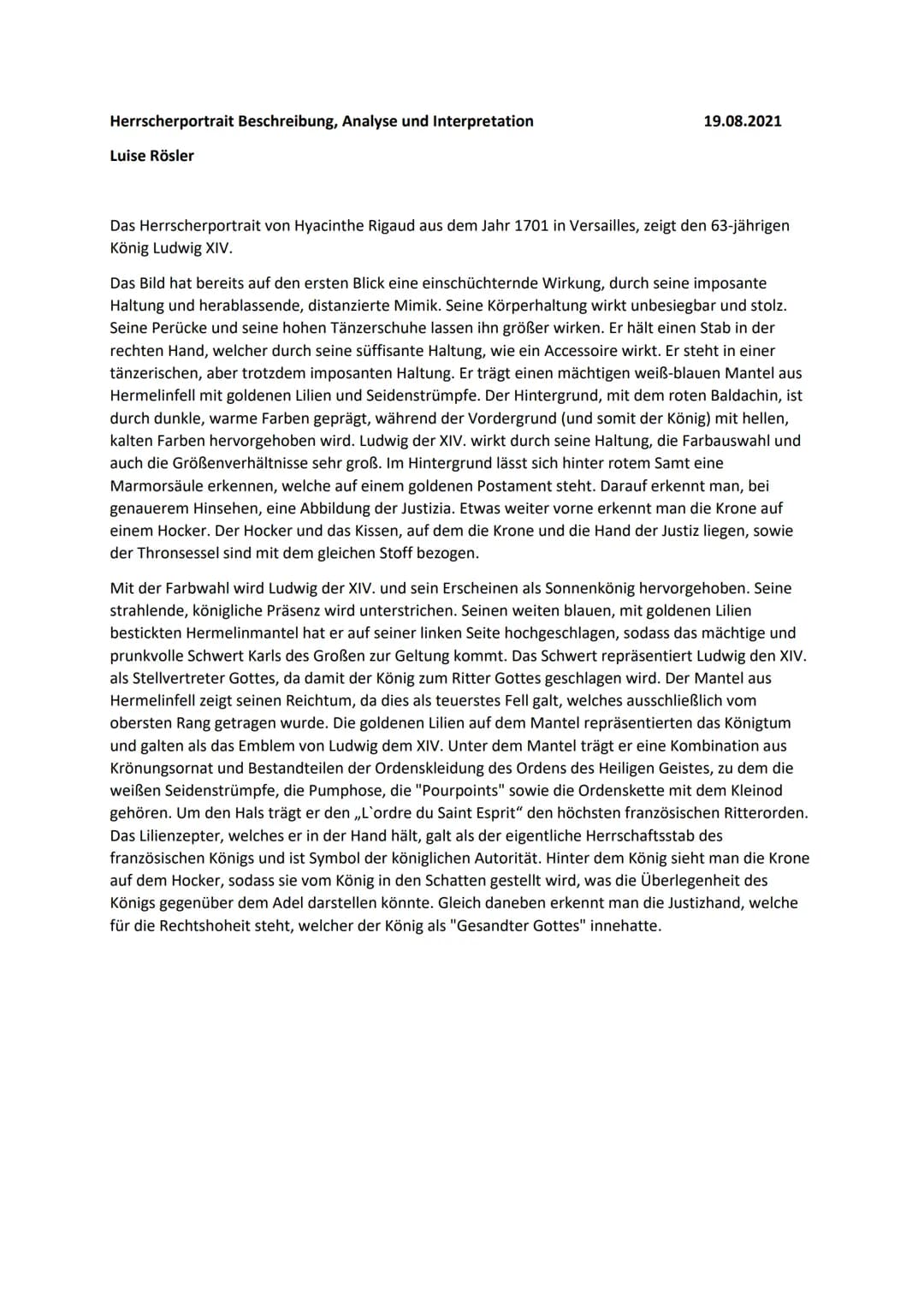 Herrscherportrait Beschreibung, Analyse und Interpretation
Luise Rösler
19.08.2021
Das Herrscherportrait von Hyacinthe Rigaud aus dem Jahr 1