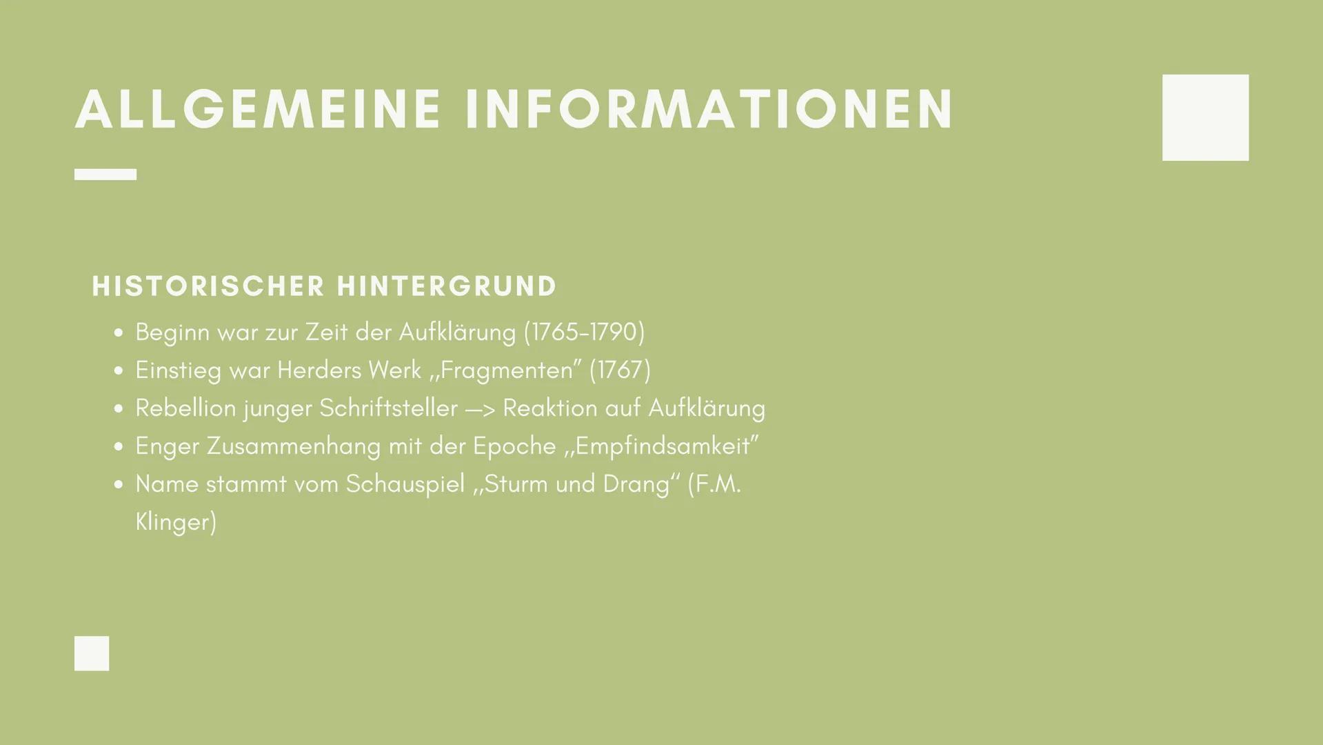 STURM
UND
DRANG # GLIEDERUNG

-

*   Allgemeine Informationen
*   Merkmale der Epoche
*   Literatur
*   Zentrale Ideen
*   Autoren und ihre 