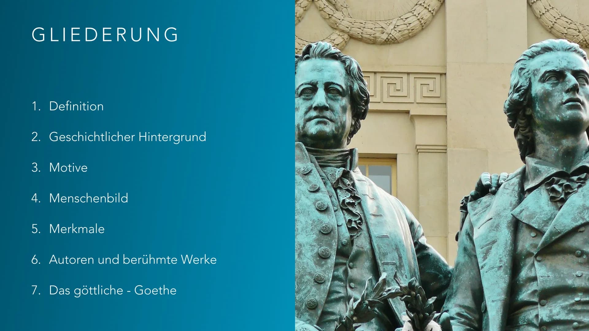 WEIMARER KLASSIK
***** 12 B
B GLIEDERUNG
1. Definition
2. Geschichtlicher Hintergrund
3. Motive
4. Menschenbild
5. Merkmale
6. Autoren und b