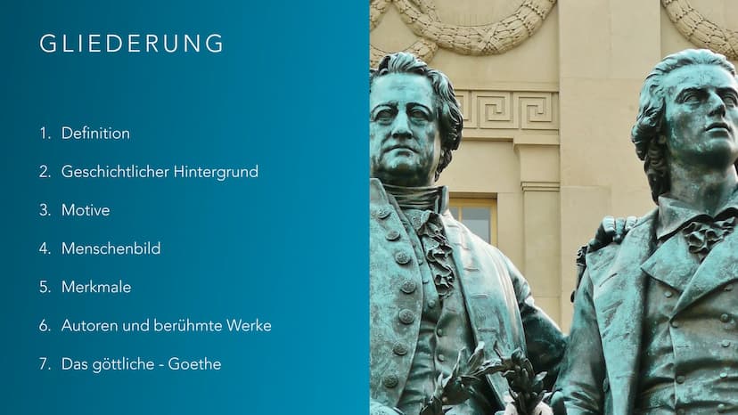 WEIMARER KLASSIK
***** 12 B
B GLIEDERUNG
1. Definition
2. Geschichtlicher Hintergrund
3. Motive
4. Menschenbild
5. Merkmale
6. Autoren und b