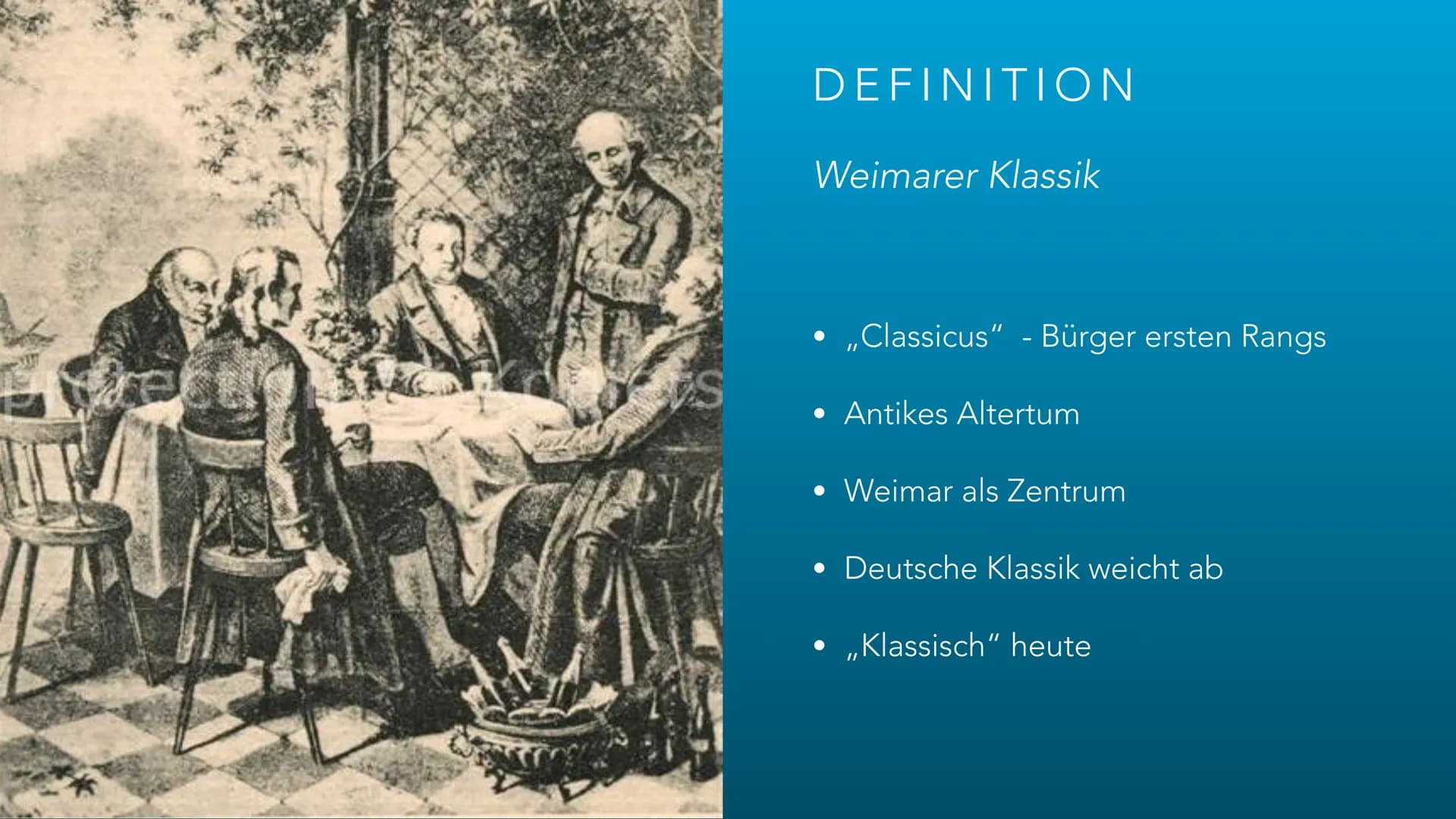 WEIMARER KLASSIK
***** 12 B
B GLIEDERUNG
1. Definition
2. Geschichtlicher Hintergrund
3. Motive
4. Menschenbild
5. Merkmale
6. Autoren und b