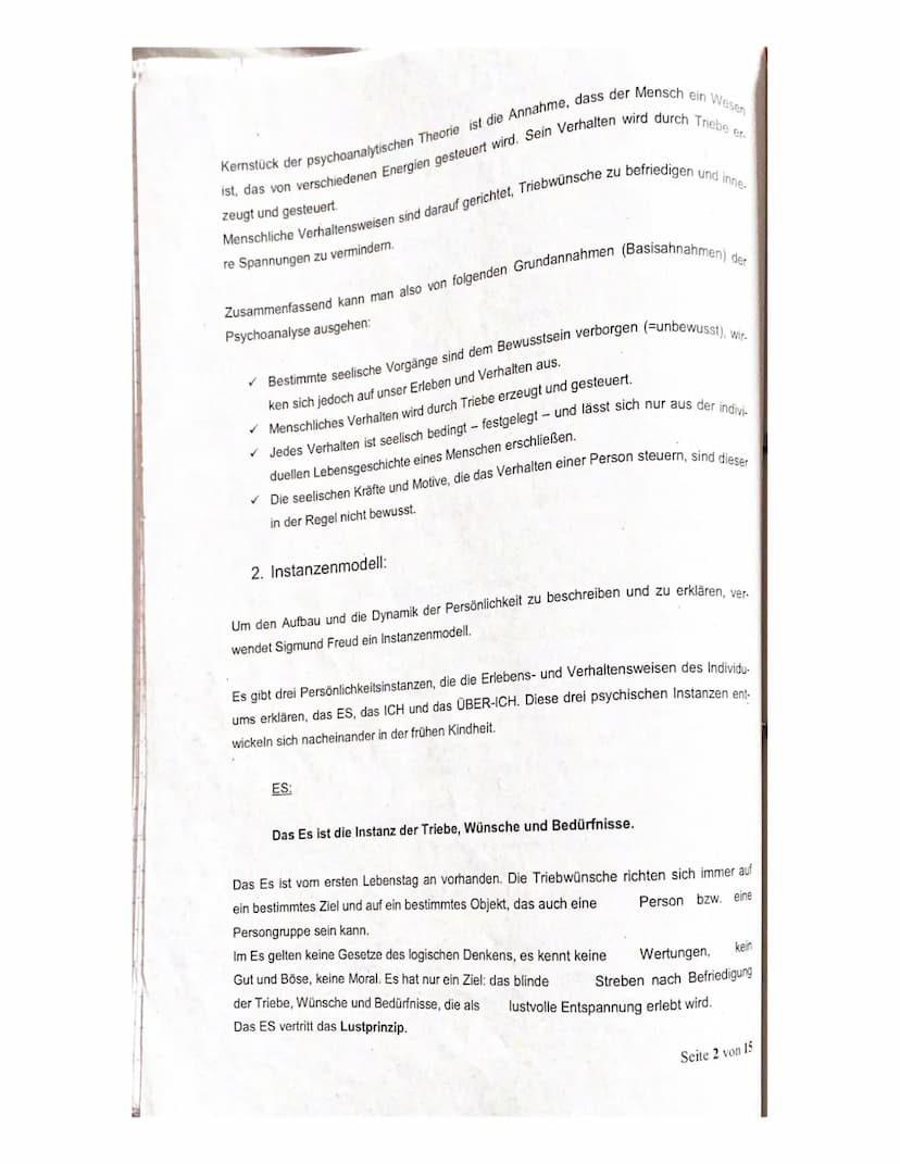 Abitur
Die psychoanalytische Theorie - Zusammenfassung
1. Grundannahmen der Psychoanalytischen Theorie
2. Instanzenmodell
3. Abwehrmechanism