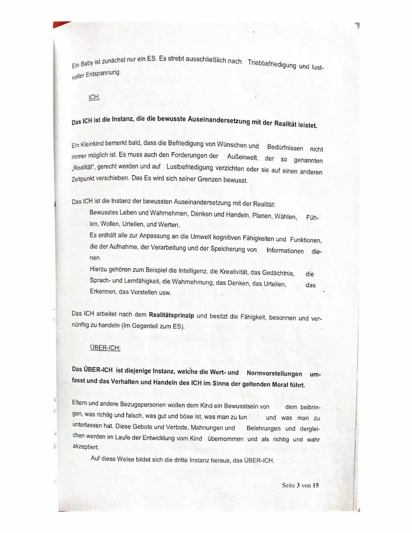 Abitur
Die psychoanalytische Theorie - Zusammenfassung
1. Grundannahmen der Psychoanalytischen Theorie
2. Instanzenmodell
3. Abwehrmechanism
