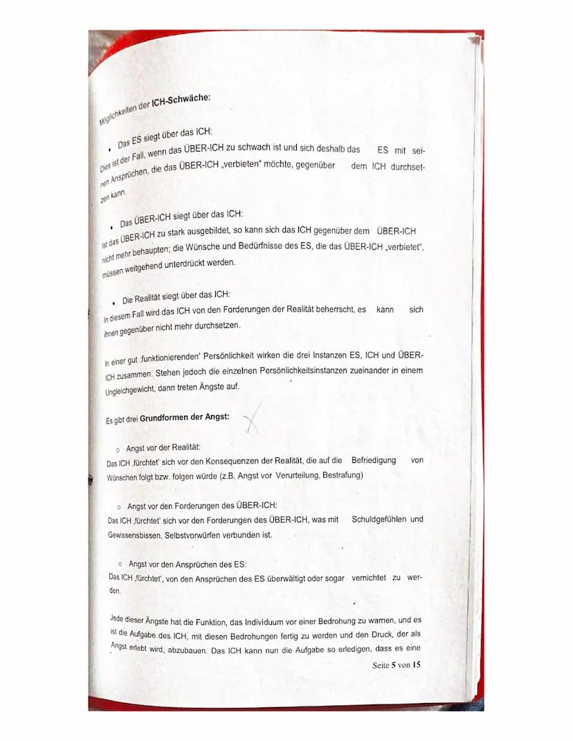 Abitur
Die psychoanalytische Theorie - Zusammenfassung
1. Grundannahmen der Psychoanalytischen Theorie
2. Instanzenmodell
3. Abwehrmechanism