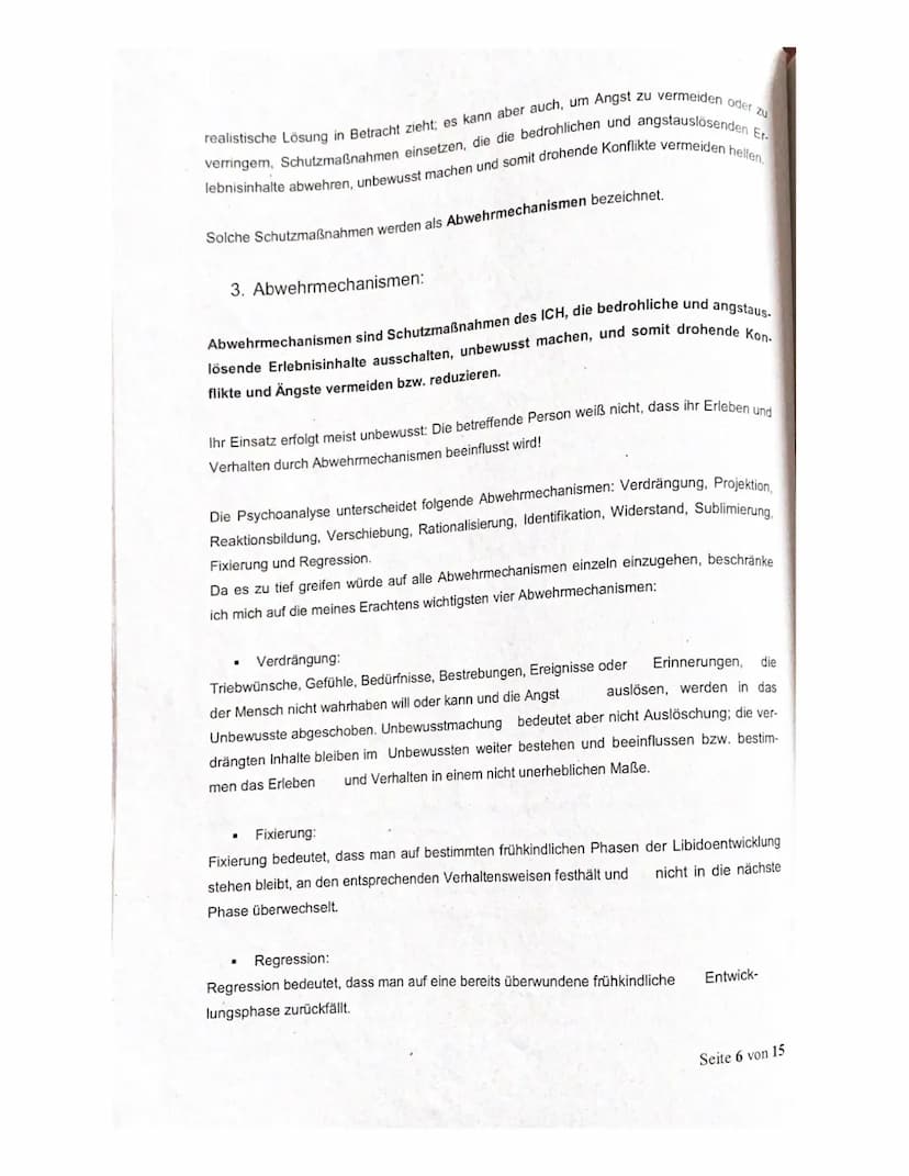 Abitur
Die psychoanalytische Theorie - Zusammenfassung
1. Grundannahmen der Psychoanalytischen Theorie
2. Instanzenmodell
3. Abwehrmechanism