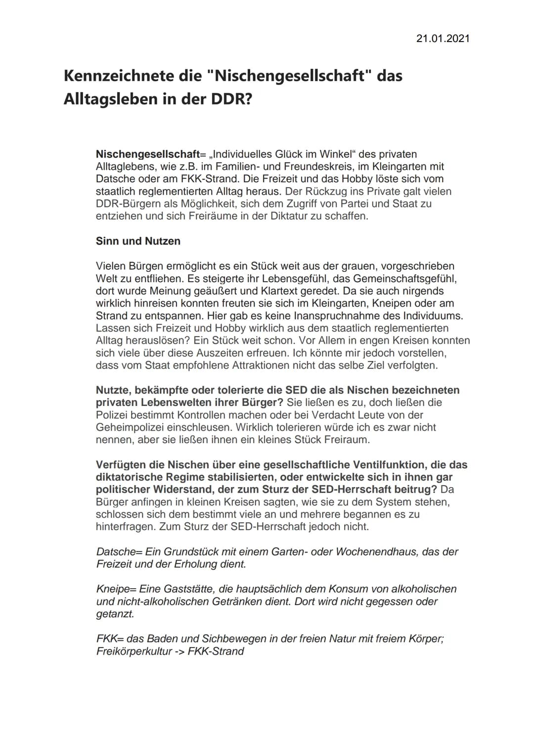 <h3 id="kennzeichnetedienischengesellschaftdasalltagslebeninderddr">Kennzeichnete die "Nischengesellschaft" das Alltagsleben in der DDR?</h3