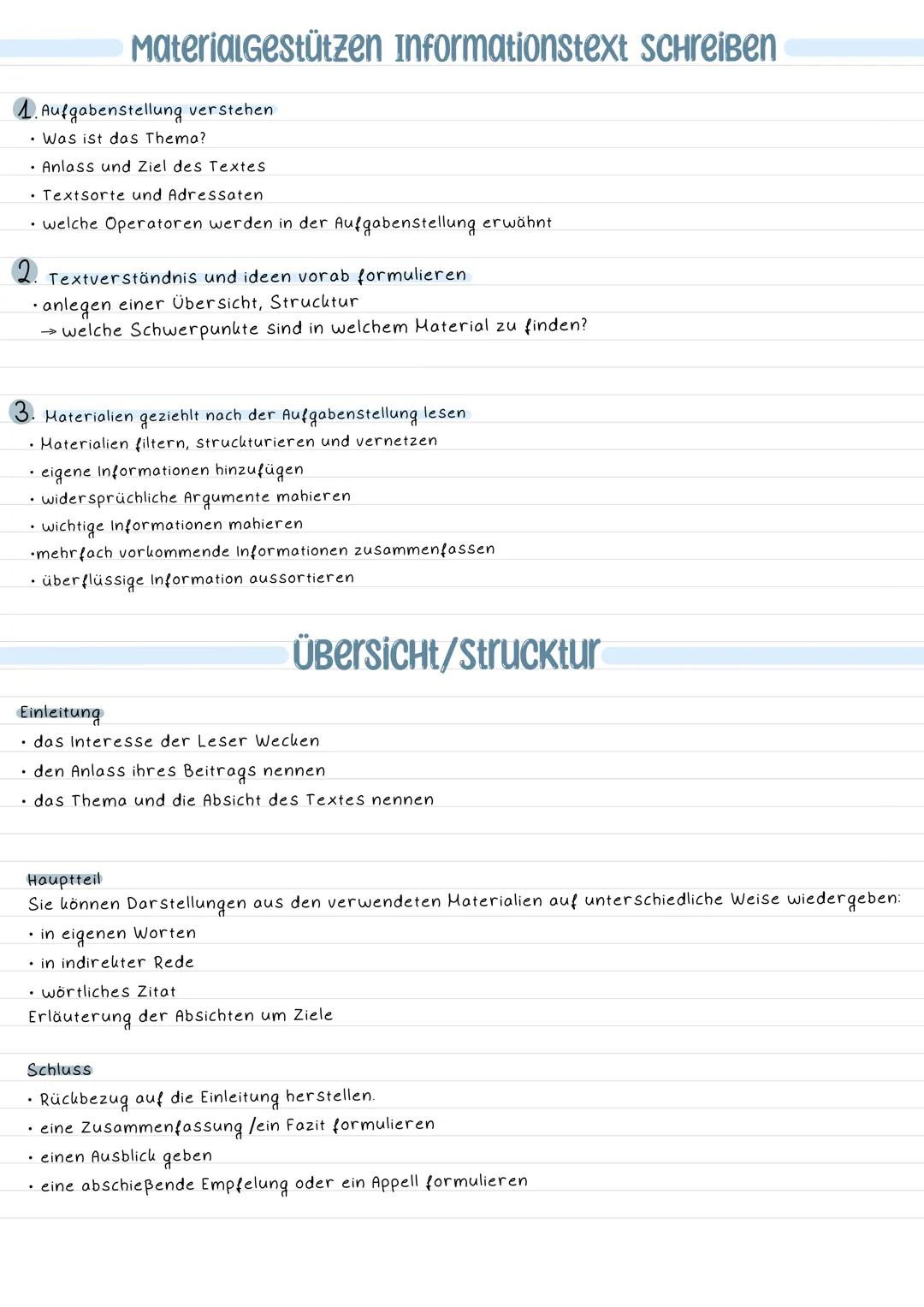 MaterialGestützen Informationstext Schreiben
1. Aufgabenstellung verstehen
• Was ist das Thema?
• Anlass und Ziel des Textes
• Textsorte und