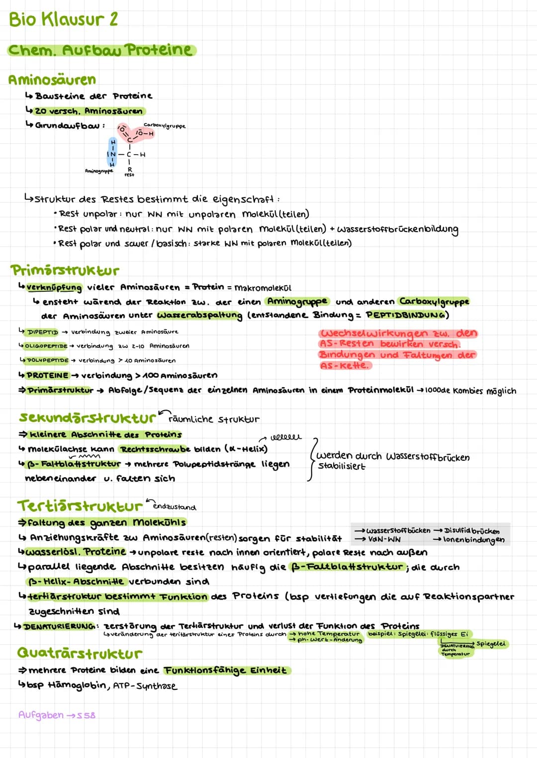 Bio Klausur 2
Chem. Aufbau Proteine
Aminosäuren
↳ Bausteine der Proteine
420 versch. Aminosäuren
↳ Grundaufbow:
H
Aminogruppe
10=
Carboxylgr
