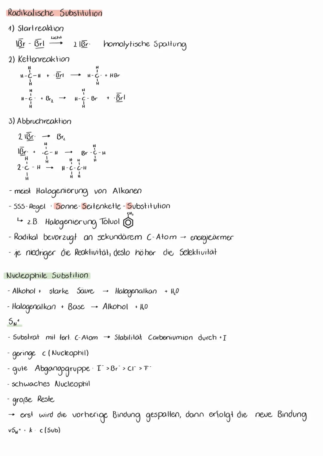 Radikalische Substitution
1) Start reaktion
Br-Brl
2) Kettenreaktion
H
I
H-C.
H
Licht
H
H-C-H + Brli -
H
3) Abbruchreaktion
H
-
+ Br₂
+
21Br