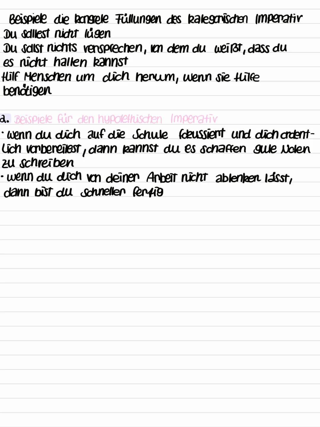 Kants überleitung von Handeln aus Pflicht zum
kalegorischem Imperativ
11/3
Lisa-Marina Schaal
Ethik
3 Anten von Imperativen
1. Hypothetische