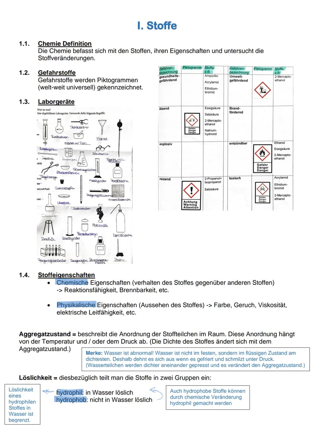 1.1.
1.2. Gefahrstoffe
1.3.
1.4.
Chemie Definition
Die Chemie befasst sich mit den Stoffen, ihren Eigenschaften und untersucht die
Stoffverä